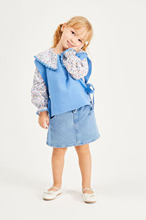 Miniğimin Cicileri Yaka Çiçek Detaylı Kot Etekli Kız Çocuk Triko Takım - Mavi