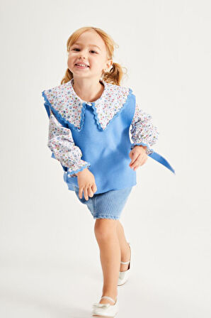 Miniğimin Cicileri Yaka Çiçek Detaylı Kot Etekli Kız Çocuk Triko Takım - Mavi