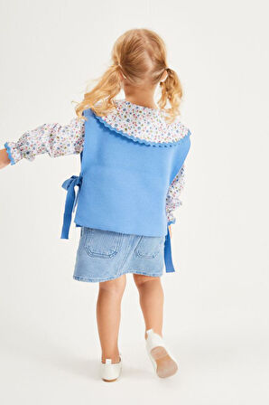 Miniğimin Cicileri Yaka Çiçek Detaylı Kot Etekli Kız Çocuk Triko Takım - Mavi