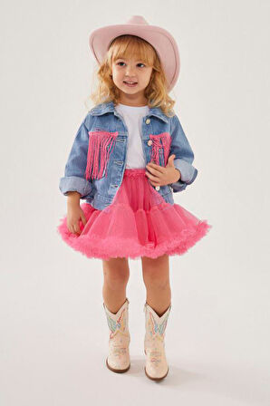 Miniğimin Cicileri Püskül Detaylı Lot Ceketli Tütülü Kız Çocuk 2 li  Takım - Pembe