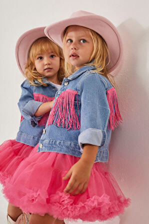 Miniğimin Cicileri Püskül Detaylı Lot Ceketli Tütülü Kız Çocuk 2 li  Takım - Pembe