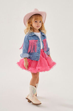 Miniğimin Cicileri Püskül Detaylı Lot Ceketli Tütülü Kız Çocuk 2 li  Takım - Pembe