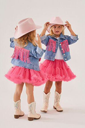 Miniğimin Cicileri Püskül Detaylı Lot Ceketli Tütülü Kız Çocuk 2 li  Takım - Pembe