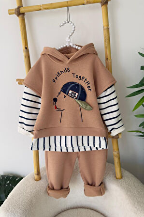 Miniğimin Cicileri Şapkalı Köpek Detaylı Çizgili Kışlık Erkek Çocuk  Bebe Takım - Kahve