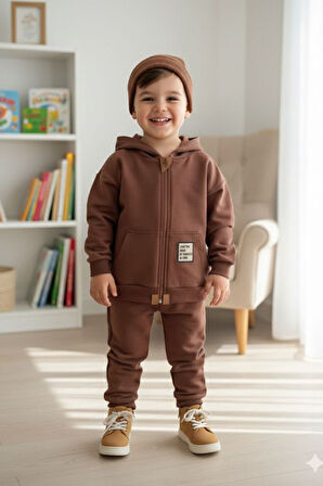 Miniğimin Cicileri Basic Kapüşonlu Erkek Çocuk 2 li Mevsimlik Takım - Kahve