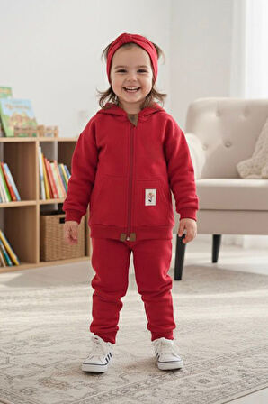 Miniğimin Cicileri Basic Kapüşonlu Kız Çocuk Çiçek Detaylı 2 li Mevsimlik Takım - Kırmızı