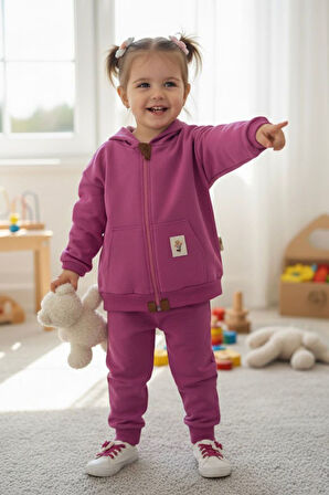 Miniğimin Cicileri Basic Kapüşonlu Kız Çocuk Çiçek Detaylı 2 li Mevsimlik Takım - Mor