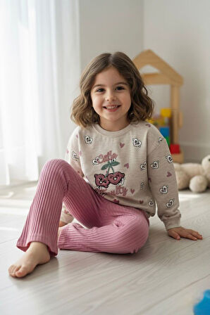 Miniğimin Cicileri Kiraz Panç İşleme Detaylı Beli Lastikli Kız Çocuk Takım - Mürdüm