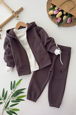 Miniğimin Cicileri Kapüşonlu  Fermuarlı 2’li Unisex  Çocuk Kışlık Eşofman Takımı - Kahve