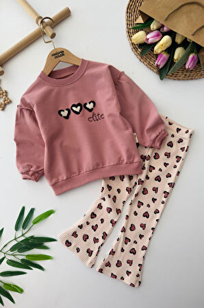 Miniğimin Cicileri Kalp Detaylı Kız Çocuk 2 li Takım - Gül Kurusu