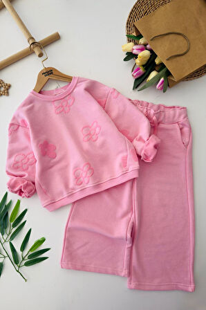 Miniğimin Cicileri Simli Papatya Detaylı Kız Çocuk Oversize 2 li Takım - Pembe
