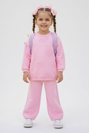 Miniğimin Cicileri Simli Papatya Detaylı Kız Çocuk Oversize 2 li Takım - Pembe