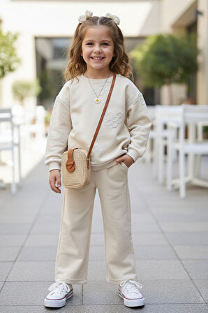 Miniğimin Cicileri Simli Papatya Detaylı Kız Çocuk Oversize 2 li Takım - Krem