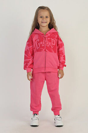 Miniğimin Cicileri Çiçek Desenli Kapüşonlu 2’li Eşofman Takımı - Fuşya