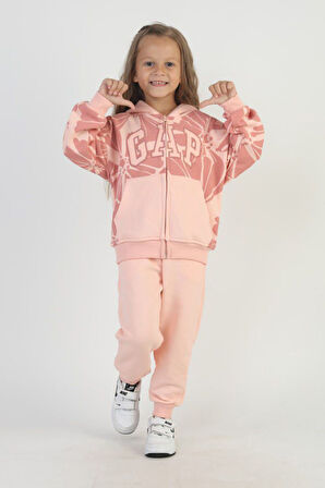 Miniğimin Cicileri Çiçek Desenli Kapüşonlu 2’li Eşofman Takımı - Somon