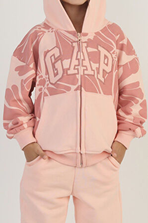 Miniğimin Cicileri Çiçek Desenli Kapüşonlu 2’li Eşofman Takımı - Somon