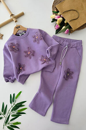 Miniğimin Cicileri Zambak Tül Detaylı Kışlık Kız Çocuk 2 li Takım - Mor