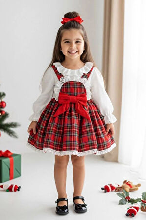 Miniğimin Cicileri Kareli Fiyonk Detaylı Kız Çocuk Elbise – Uzun Kollu Gömlekli 2’li Takım