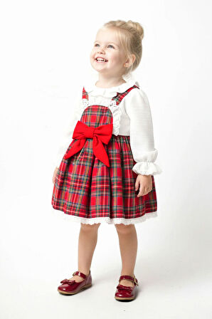 Miniğimin Cicileri Kareli Fiyonk Detaylı Kız Çocuk Elbise – Uzun Kollu Gömlekli 2’li Takım