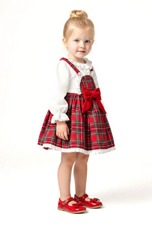 Miniğimin Cicileri Kareli Fiyonk Detaylı Kız Çocuk Elbise – Uzun Kollu Gömlekli 2’li Takım