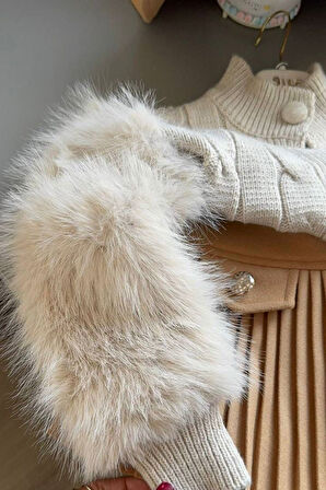 Miniğimin Cicileri Kolları Kürklü Triko 4 parça Kız Çocuk Takım - Camel