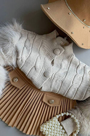 Miniğimin Cicileri Kolları Kürklü Triko 4 parça Kız Çocuk Takım - Camel