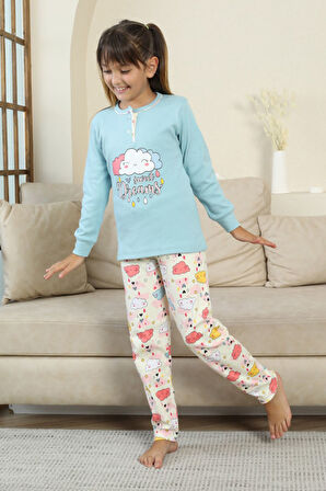 Miniğimin Cicileri Bulut Baskılı Düğmeli Kız Çocuk Pijama Takımı - Mavi