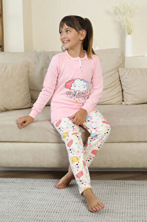 Miniğimin Cicileri Bulut Baskılı Düğmeli Kız Çocuk Pijama Takımı - Pembe
