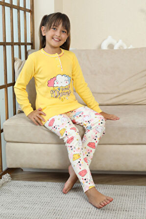 Miniğimin Cicileri Bulut Baskılı Düğmeli Kız Çocuk Pijama Takımı - Sarı