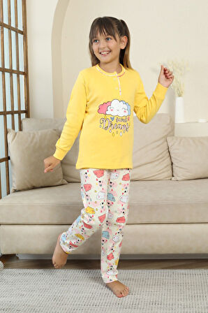 Miniğimin Cicileri Bulut Baskılı Düğmeli Kız Çocuk Pijama Takımı - Sarı