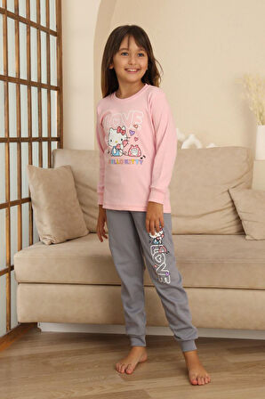 Miniğimin Cicileri Hll Kty Love  Baskılı Kız Çocuk Pijama Takımı - Pembe
