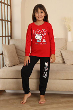Miniğimin Cicileri Hll Kty Love  Baskılı Kız Çocuk Pijama Takımı - Kırmızı