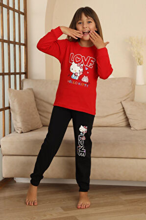 Miniğimin Cicileri Hll Kty Love  Baskılı Kız Çocuk Pijama Takımı - Kırmızı