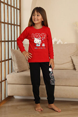 Miniğimin Cicileri Hll Kty Love  Baskılı Kız Çocuk Pijama Takımı - Kırmızı