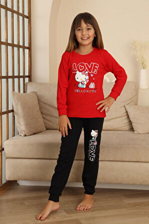 Miniğimin Cicileri Hll Kty Love  Baskılı Kız Çocuk Pijama Takımı - Kırmızı