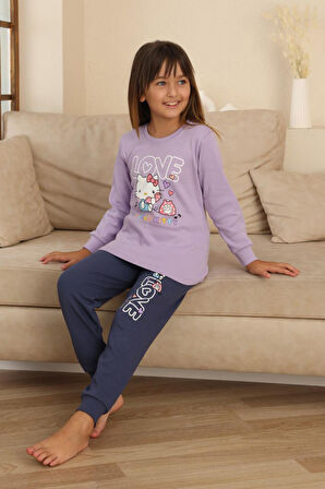 Miniğimin Cicileri Hll Kty Love  Baskılı Kız Çocuk Pijama Takımı - Lila