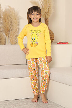 Miniğimin Cicileri Sevimli Civciv Baskılı Kız Çocuk Pijama Takımı - Sarı