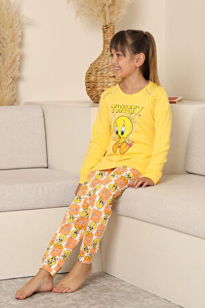Miniğimin Cicileri Sevimli Civciv Baskılı Kız Çocuk Pijama Takımı - Sarı