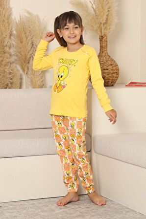 Miniğimin Cicileri Sevimli Civciv Baskılı Kız Çocuk Pijama Takımı - Sarı