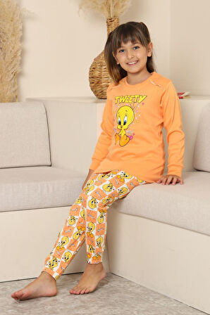 Miniğimin Cicileri Sevimli Civciv Baskılı Kız Çocuk Pijama Takımı - Turuncu