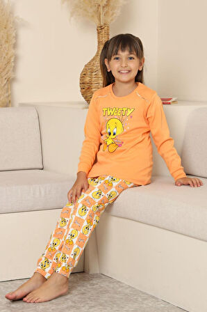 Miniğimin Cicileri Sevimli Civciv Baskılı Kız Çocuk Pijama Takımı - Turuncu