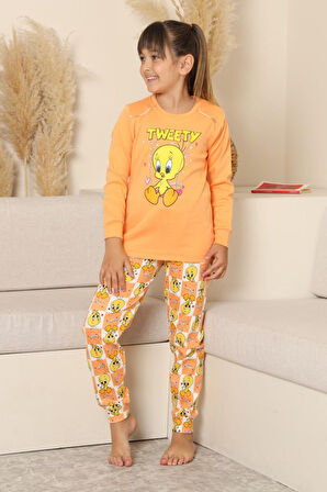Miniğimin Cicileri Sevimli Civciv Baskılı Kız Çocuk Pijama Takımı - Turuncu