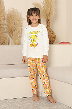 Miniğimin Cicileri Sevimli Civciv Baskılı Kız Çocuk Pijama Takımı - Beyaz