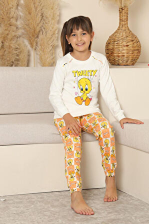 Miniğimin Cicileri Sevimli Civciv Baskılı Kız Çocuk Pijama Takımı - Beyaz