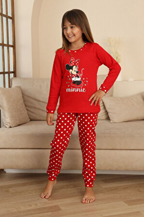 Miniğimin Cicileri Mnn Puantiye Baskılı Kız Çocuk Pijama Takımı - Kırmızı