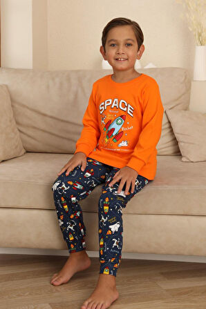 Miniğimin Cicileri Space Baskılı Erkek Çocuk Pijama Takımı - Turuncu