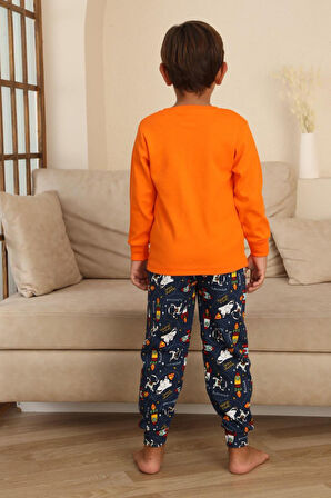 Miniğimin Cicileri Space Baskılı Erkek Çocuk Pijama Takımı - Turuncu