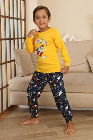 Miniğimin Cicileri Space Baskılı Erkek Çocuk Pijama Takımı - Sarı