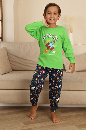 Miniğimin Cicileri Space Baskılı Erkek Çocuk Pijama Takımı - Yeşil