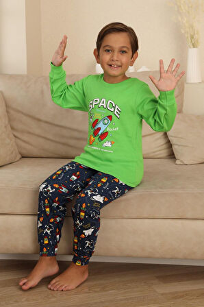 Miniğimin Cicileri Space Baskılı Erkek Çocuk Pijama Takımı - Yeşil
